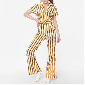 Smak Parlour Jumpsuit size L Yellow / Black / White; Zipper Replaced, With Belt